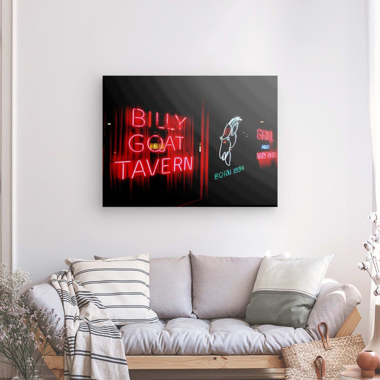 Bring the vibrant spirit of the Windy City into your home with our canvas print of the iconic Billy Goat Tavern window sign at night.