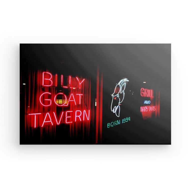 Bring the vibrant spirit of the Windy City into your home with our canvas print of the iconic Billy Goat Tavern window sign at night.